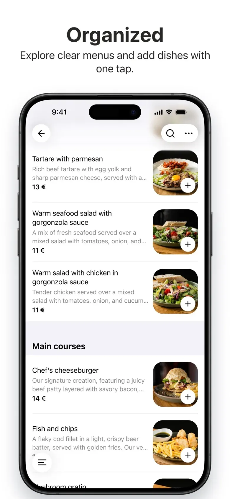 GlobalTips guest app menu with dishes added to the order in one tap
