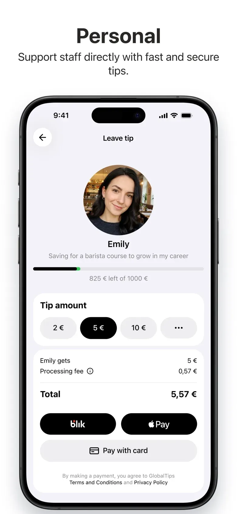 GlobalTips guest app tip screen with BLIK, Apple Pay and card