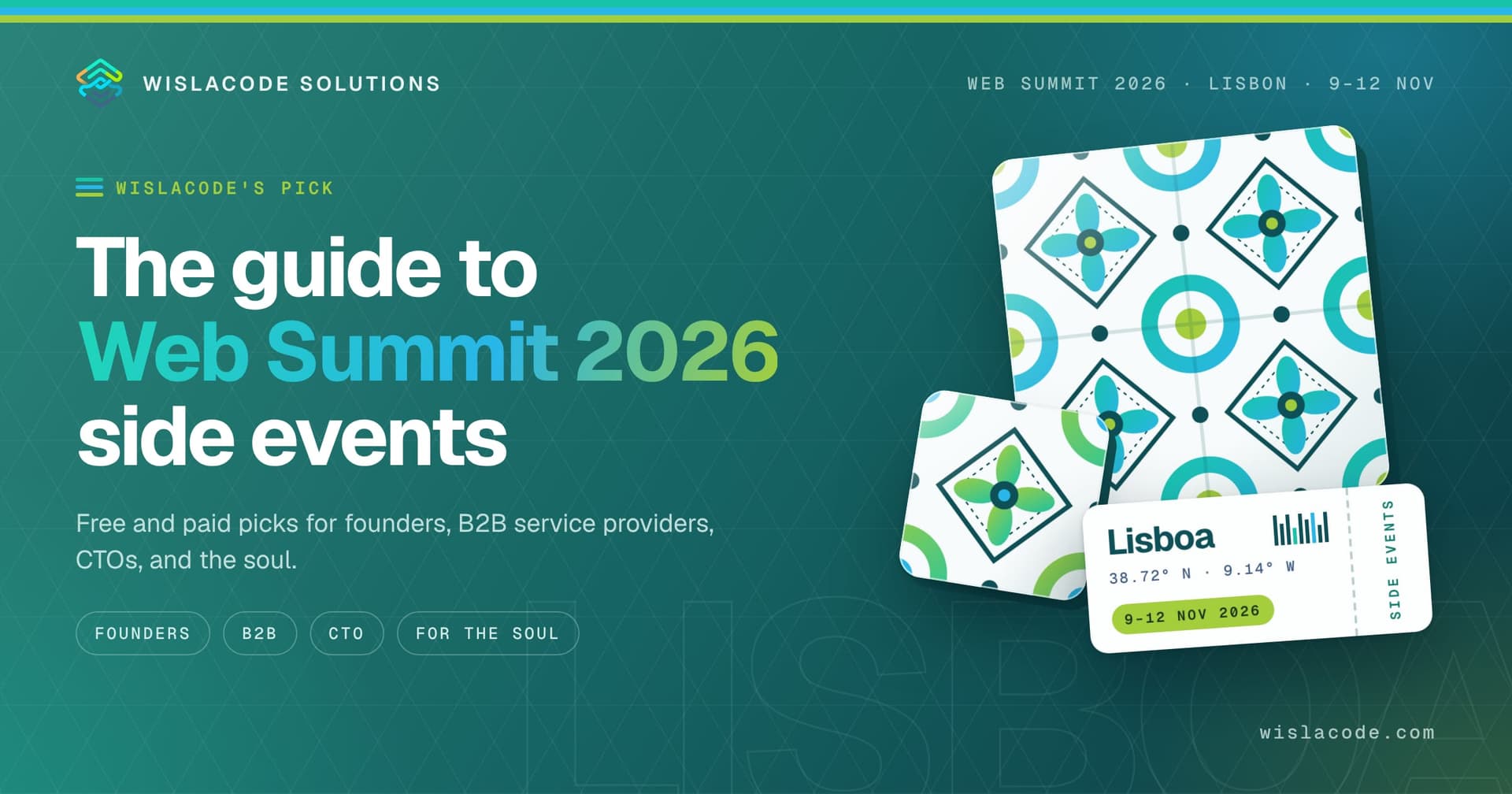 Cover of the guide to Web Summit 2026 side events in Lisbon, 9–12 November, with azulejo tiles and a Lisboa ticket